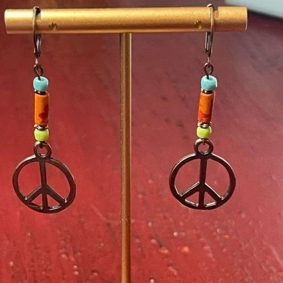 Hand Crafted Artisan Earrings Copper Peace Sign Hippie Boho Colorful # 184 - Picture 2 of 7